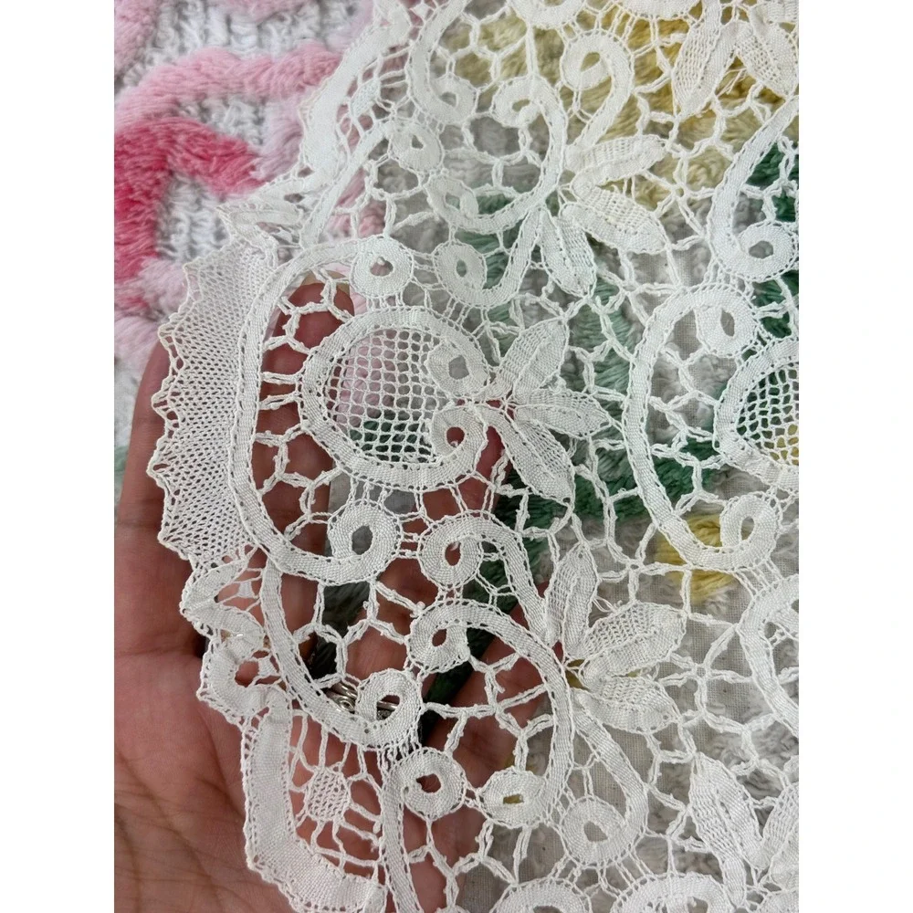 Vintage Lace Doily Set Cream Battenberg Lace & Green Embroidered Organza 2pc
